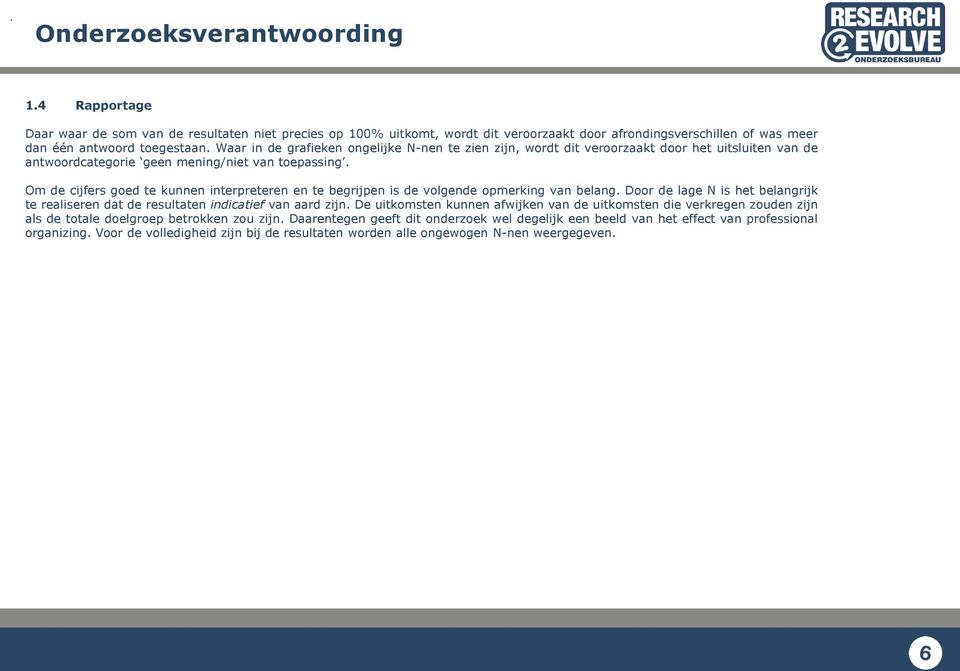 Om de cijfers goed te kunnen interpreteren en te begrijpen is de volgende opmerking van belang. Door de lage N is het belangrijk te realiseren dat de resultaten indicatief van aard zijn.