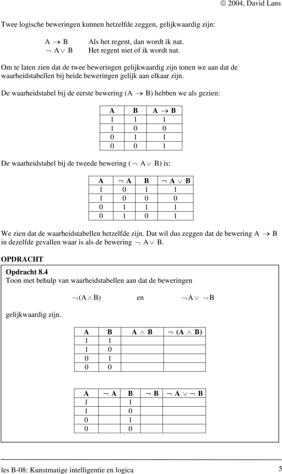 De waarheidstabel bij de eerste bewering (A B) hebben we als gezien: A B A B 1 1 1 1 0 0 0 1 1 0 0 1 De waarheidstabel bij de tweede bewering ( A B) is: A A B A B 1 0 1 1 1 0 0 0 0 1 1 1 0 1 0 1 We