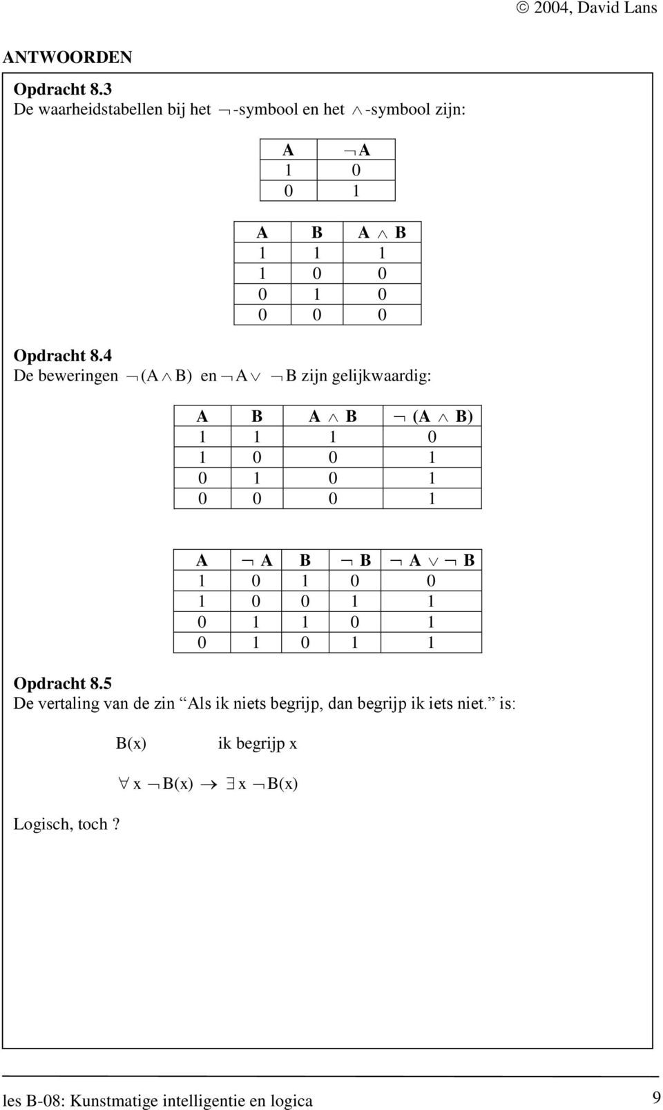 4 De beweringen (A B) en A B zijn gelijkwaardig: A B A B (A B) 1 1 1 0 1 0 0 1 0 1 0 1 0 0 0 1 A A B B A B 1 0 1 0 0 1 0