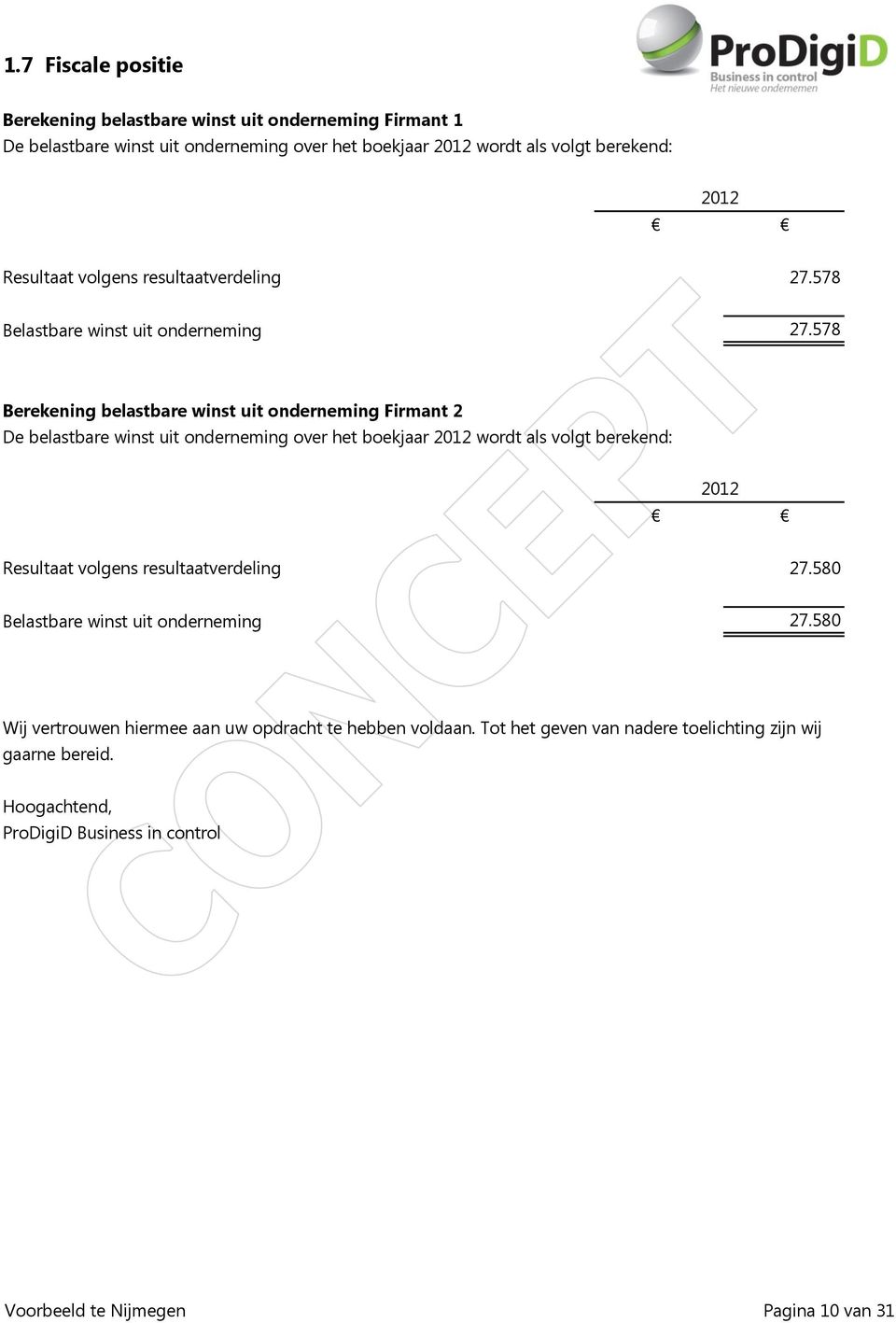 578 Berekening belastbare winst uit onderneming Firmant 2 De belastbare winst uit onderneming over het boekjaar 2012 wordt als volgt berekend: 2012 Resultaat volgens