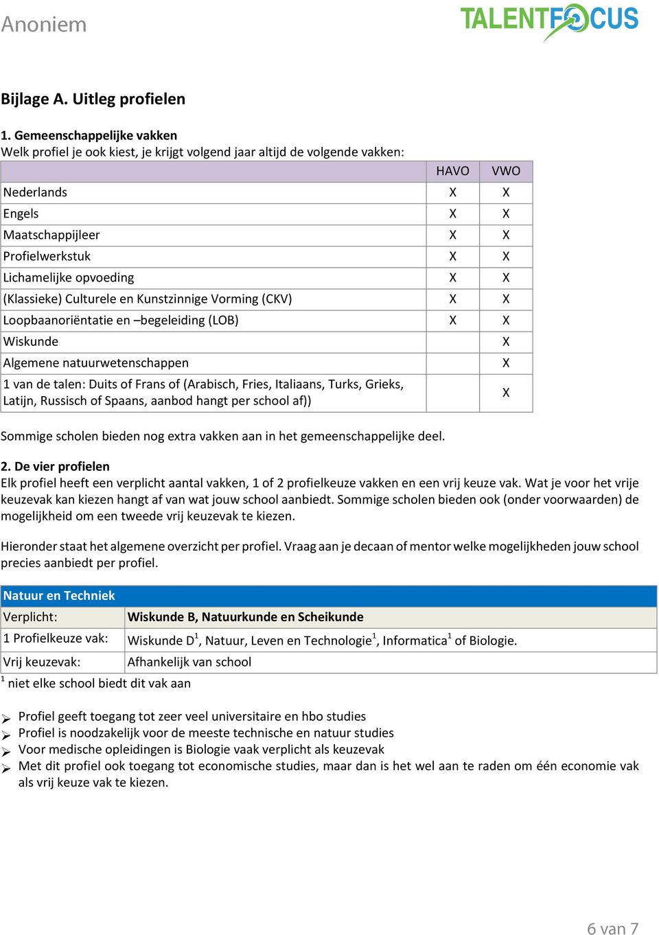 X (Klassieke) Culturele en Kunstzinnige Vorming (CKV) X X Loopbaanoriëntatie en begeleiding (LOB) X X Wiskunde Algemene natuurwetenschappen 1 van de talen: Duits of Frans of (Arabisch, Fries,