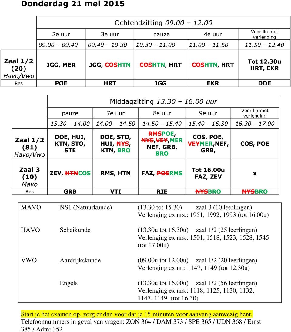 NYSBRO MAVO NS1 (Natuurkunde) (13.30 tot 15.30) zaal 3 (10 leerlingen) Verlenging ex.nrs.: 1951, 1992, 1993 (tot 16.00u) HAVO Scheikunde (13.30u tot 16.30u) zaal 1/2 (25 leerlingen) Verlenging ex.nrs.: 1501, 1518, 1523, 1528, 1545 (tot 17.