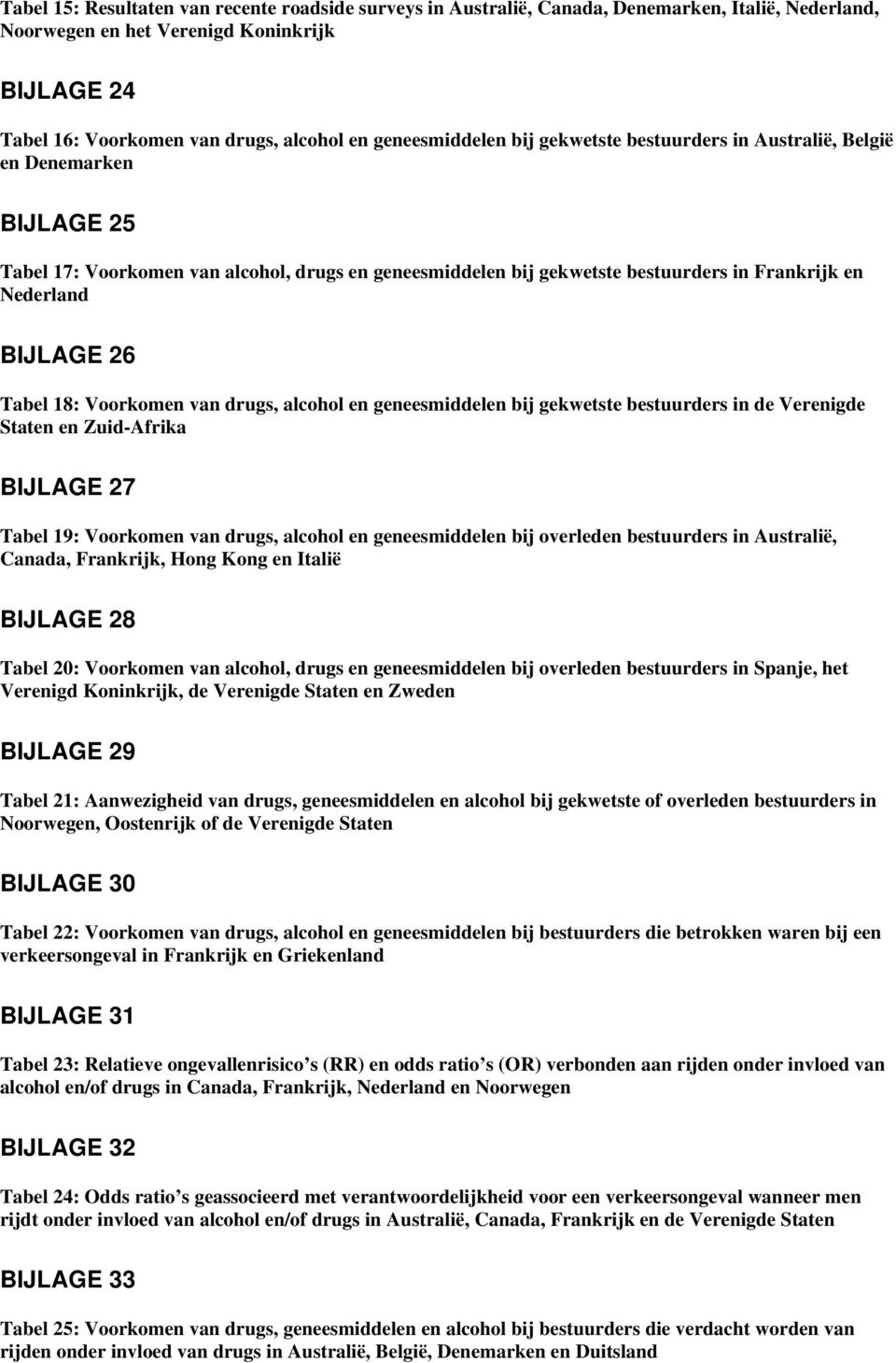 BIJLAGE 26 Tabel 18: Voorkomen van drugs, alcohol en geneesmiddelen bij gekwetste bestuurders in de Verenigde Staten en Zuid-Afrika BIJLAGE 27 Tabel 19: Voorkomen van drugs, alcohol en geneesmiddelen
