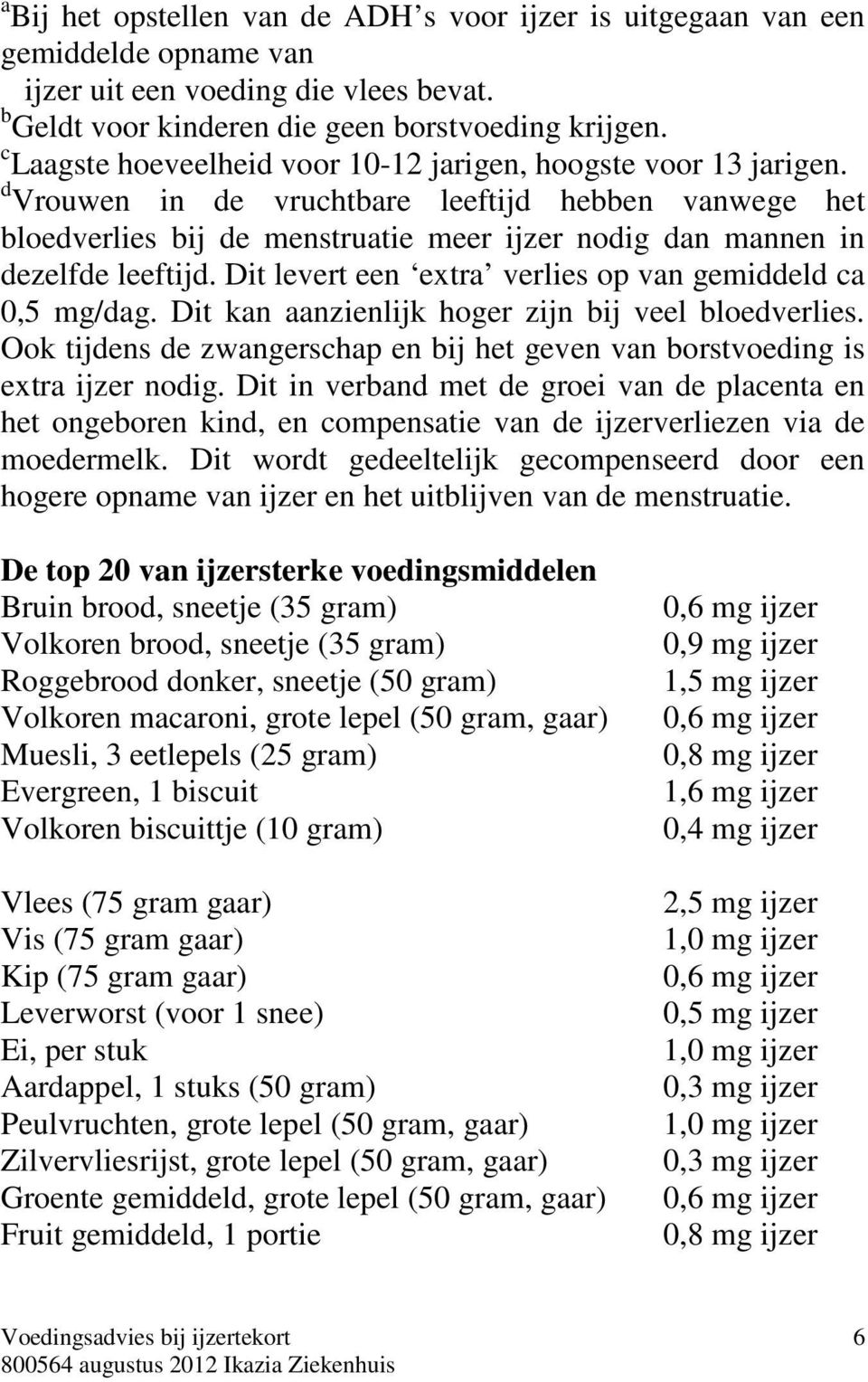 d Vrouwen in de vruchtbare leeftijd hebben vanwege het bloedverlies bij de menstruatie meer ijzer nodig dan mannen in dezelfde leeftijd. Dit levert een extra verlies op van gemiddeld ca 0,5 mg/dag.