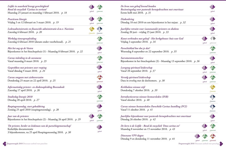 p. 22 Cursus inleiding in de oecumene Vanaf maandag 8 maart 2010. p. 23 Gesprekken met priesters over roeping Vanaf dinsdag 9 maart 2010. p. 24 Cursus omgaan met ziekteverzuim Donderdag 25 maart en 22 april 2010.