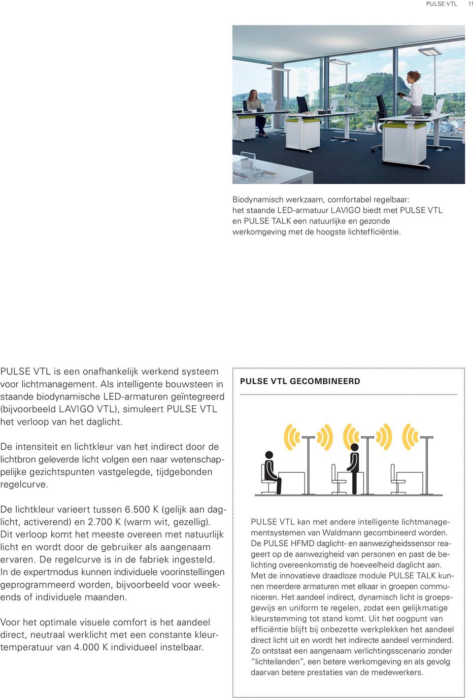 Als intelligente bouwsteen in staande biodynamische LED-armaturen geïntegreerd (bijvoorbeeld LAVIGO VTL), simuleert PULSE VTL het verloop van het daglicht.