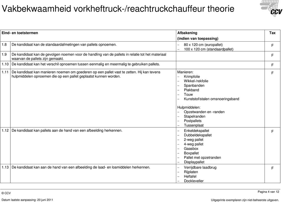 10 De kandidaat kan het verschil opnoemen tussen eenmalig en meermalig te gebruiken pallets. 1.11 De kandidaat kan manieren noemen om goederen op een pallet vast te zetten.