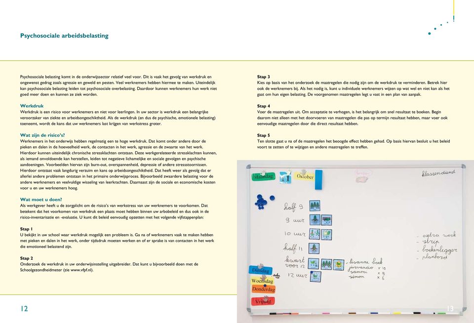 Daardoor kunnen werknemers hun werk niet goed meer doen en kunnen ze ziek worden. Werkdruk Werkdruk is een risico voor werknemers en niet voor leerlingen.