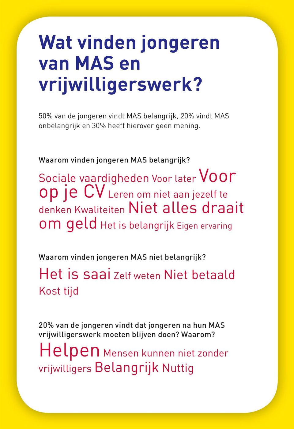 Sociale vaardigheden Voor later Voor op je CV Leren om niet aan jezelf te denken Kwaliteiten Niet alles draait om geld Het is belangrijk Eigen