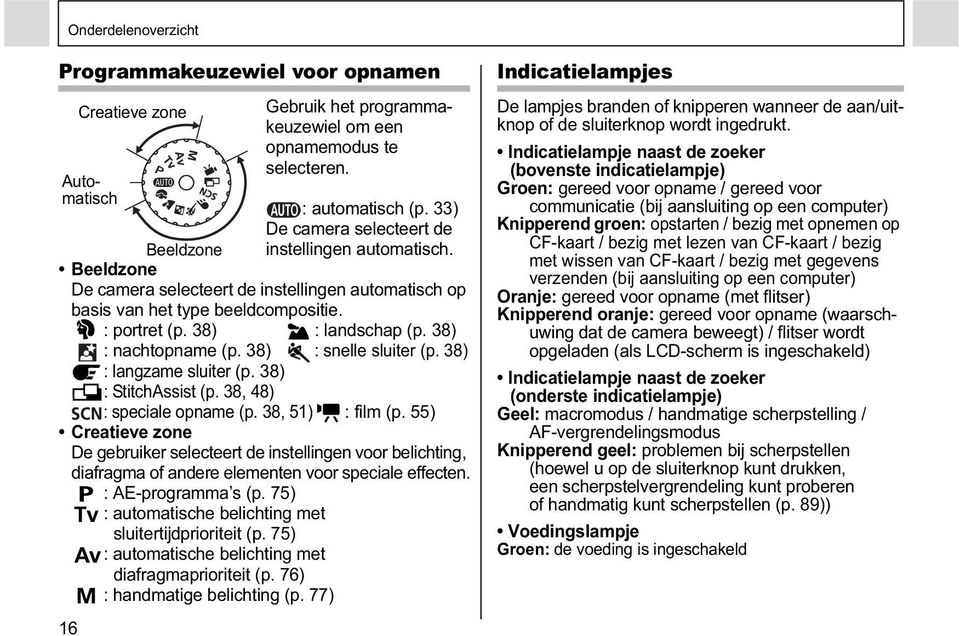 38) : nachtopname (p. 38) : snelle sluiter (p. 38) : langzame sluiter (p. 38) : StitchAssist (p. 38, 48) : speciale opname (p. 38, 51) : film (p.