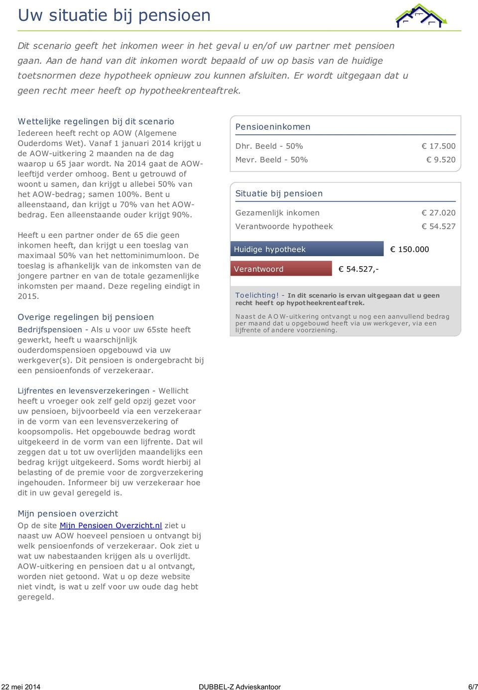 Wettelijke regelingen bij dit scenario Iedereen heeft recht op AOW (Algemene Ouderdoms Wet). Vanaf 1 januari 2014 krijgt u de AOW-uitkering 2 maanden na de dag waarop u 65 jaar wordt.