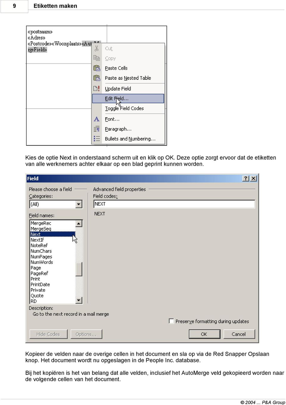 Kopieer de velden naar de overige cellen in het document en sla op via de Red Snapper Opslaan knop.