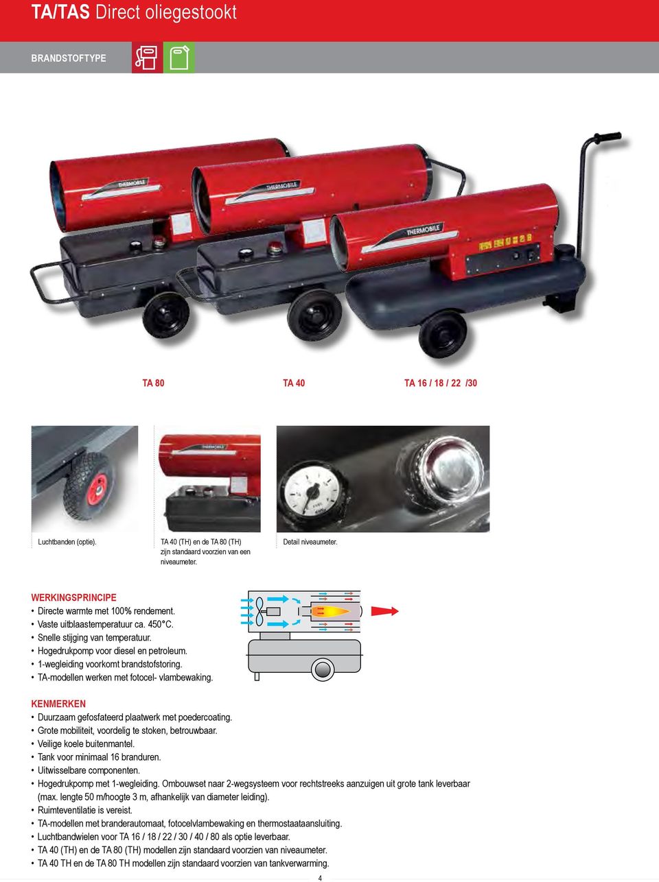 TA-modellen werken met fotocel- vlambewaking. KENMERKEN Duurzaam gefosfateerd plaatwerk met poedercoating. Grote mobiliteit, voordelig te stoken, betrouwbaar. Veilige koele buitenmantel.