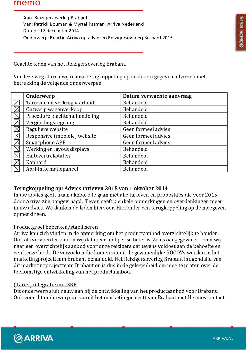 Haltevertrekstaten Kopbord Abri-informatiepaneel Datum verwachte aanvraag Terugkoppeling op: Advies tarieven 2015 van 1 oktober 2014 In uw advies geeft u aan akkoord te gaan met alle tarieven en