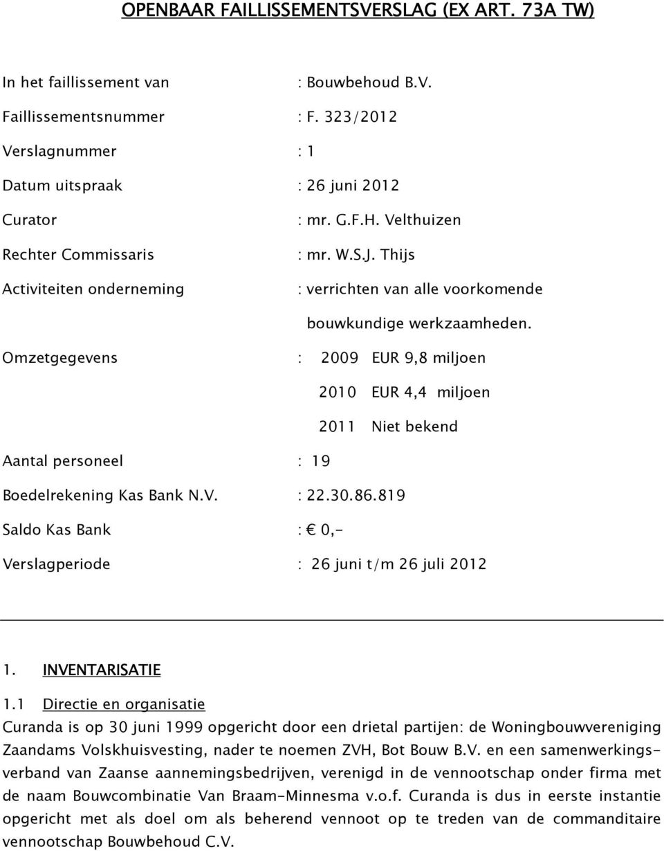 Omzetgegevens : 2009 EUR 9,8 miljoen 2010 EUR 4,4 miljoen 2011 Niet bekend Aantal personeel : 19 Boedelrekening Kas Bank N.V. : 22.30.86.