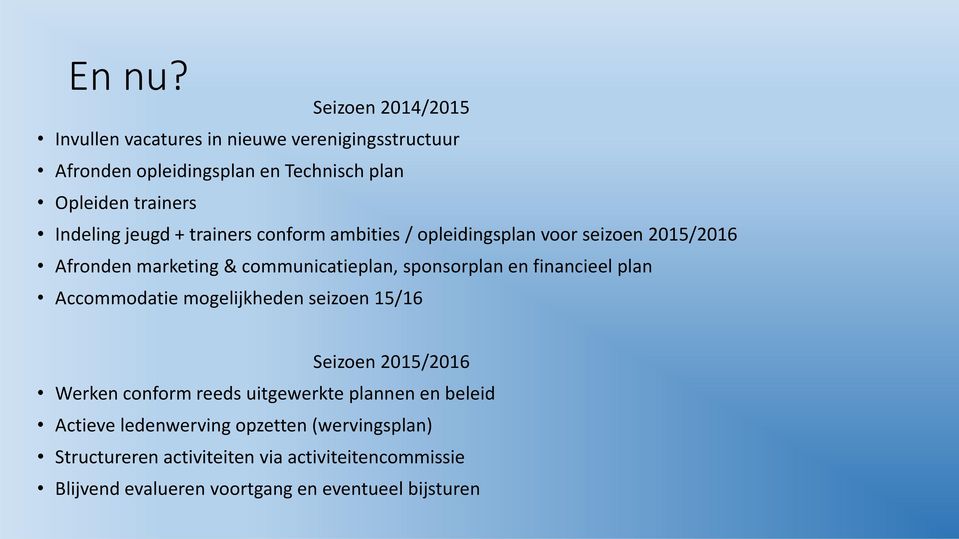 jeugd + trainers conform ambities / opleidingsplan voor seizoen 2015/2016 Afronden marketing & communicatieplan, sponsorplan en