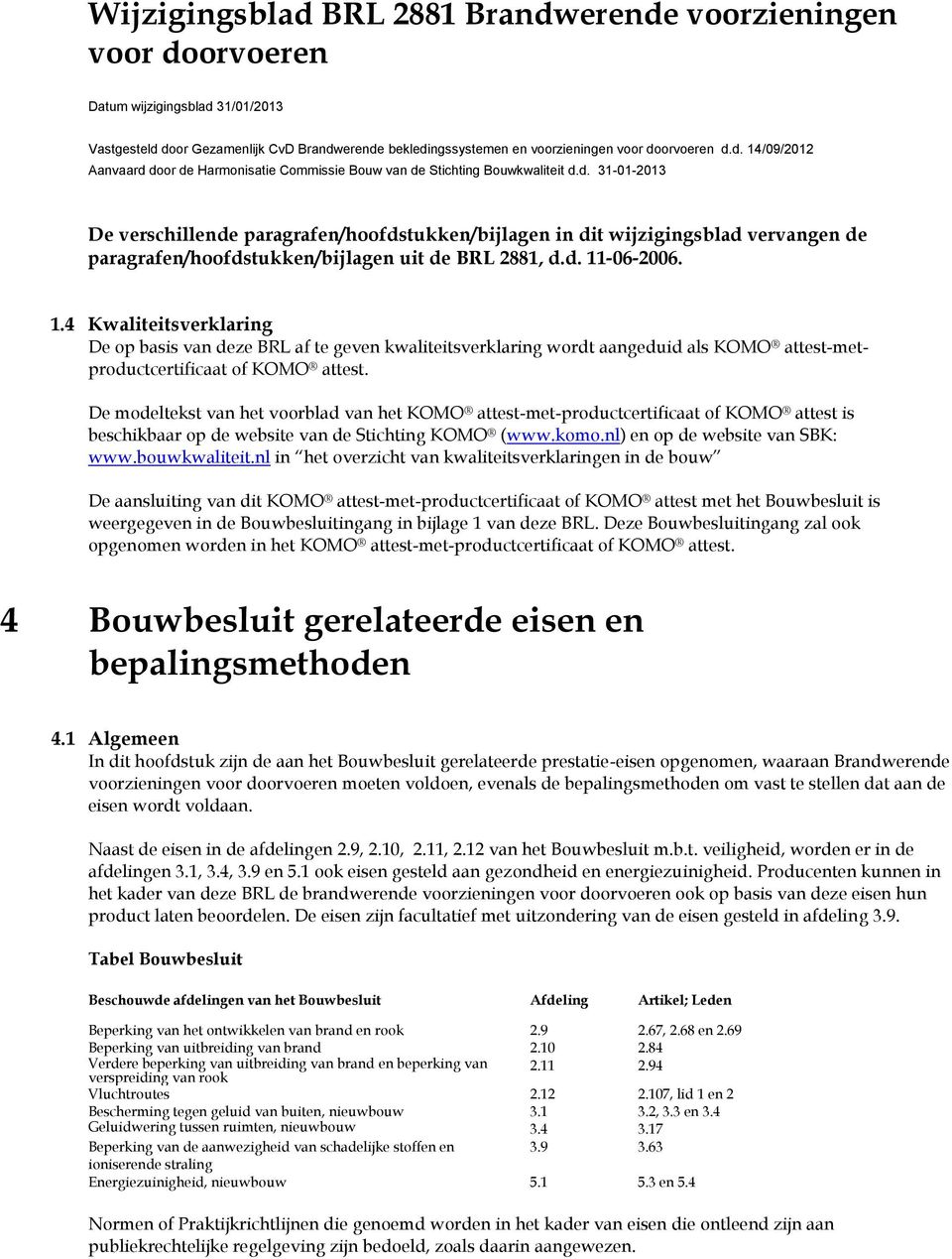 d. 11-06-2006. 1.4 Kwaliteitsverklaring De op basis van deze BRL af te geven kwaliteitsverklaring wordt aangeduid als KOMO attest-metproductcertificaat of KOMO attest.