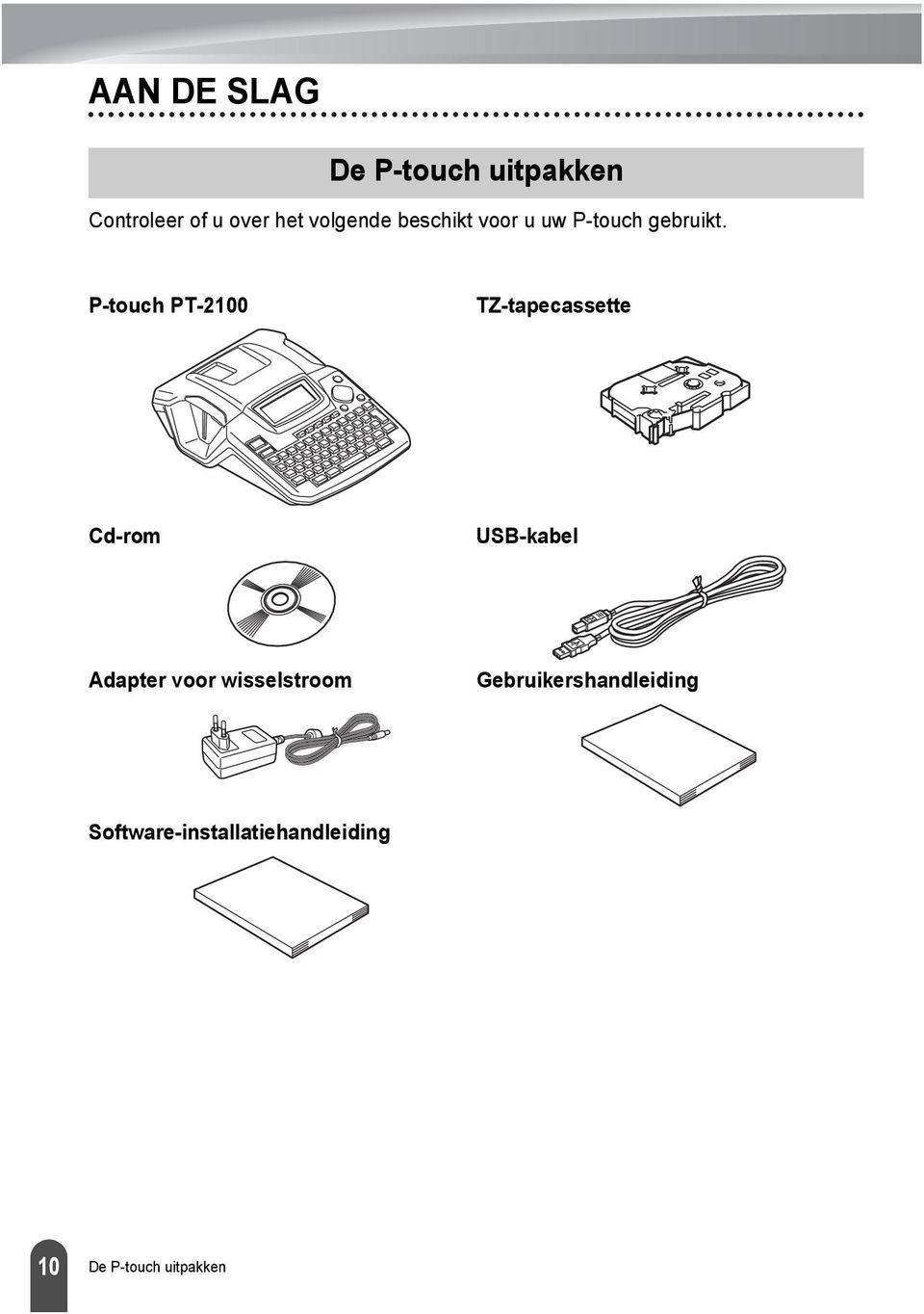 P-touch PT-00 TZ-tapecassette Cd-rom USB-kabel Adapter voor
