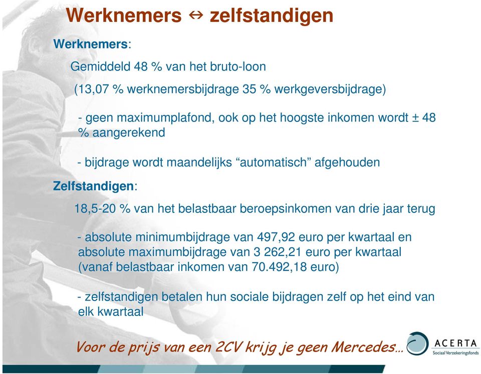 beroepsinkomen van drie jaar terug - absolute minimumbijdrage van 497,92 euro per kwartaal en absolute maximumbijdrage van 3 262,21 euro per kwartaal