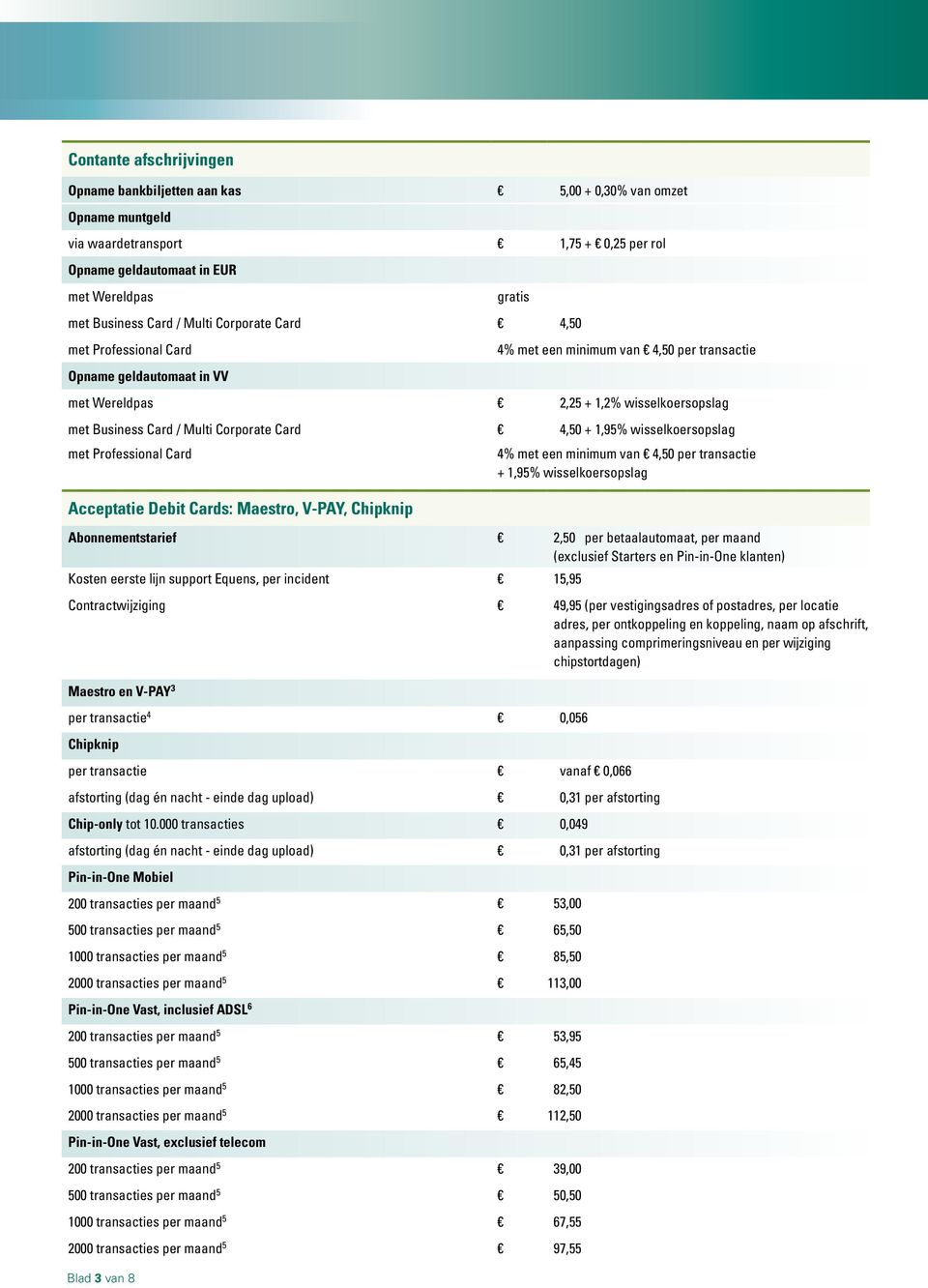 Multi Corporate Card 4,50 + 1,95% wisselkoersopslag met Professional Card 4% met een minimum van 4,50 per transactie + 1,95% wisselkoersopslag Acceptatie Debit Cards: Maestro, V-PAY, Chipknip