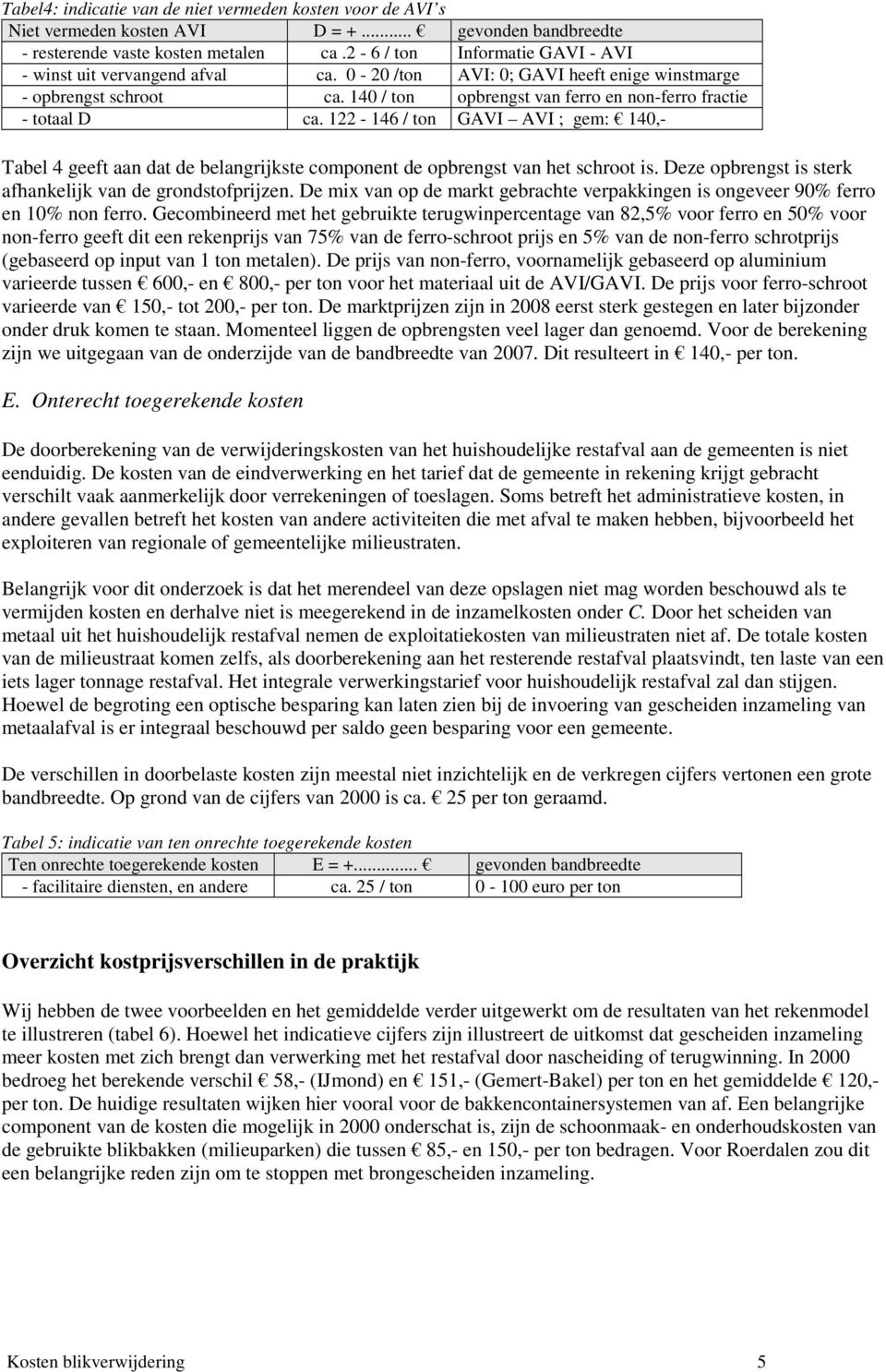 122-146 / ton GAVI AVI ; gem: 140,- Tabel 4 geeft aan dat de belangrijkste component de opbrengst van het schroot is. Deze opbrengst is sterk afhankelijk van de grondstofprijzen.