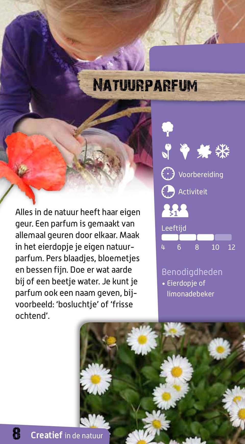 Maak in het eierdopje je eigen natuurparfum. Pers blaadjes, bloemetjes en bessen fijn.