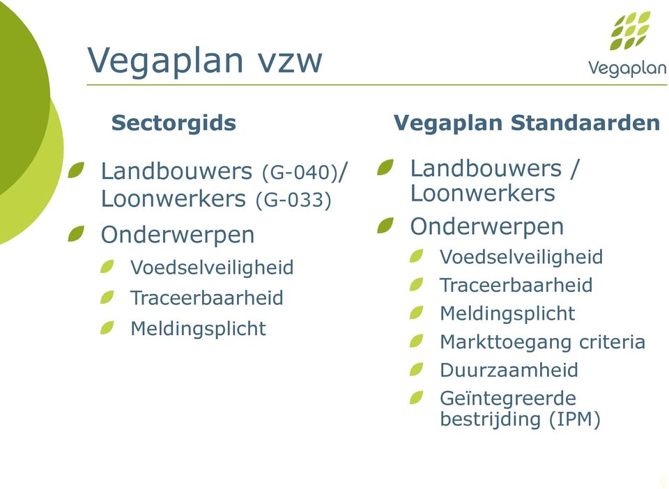 Standaarden Landbouwers / Loonwerkers Onderwerpen Voedselveiligheid