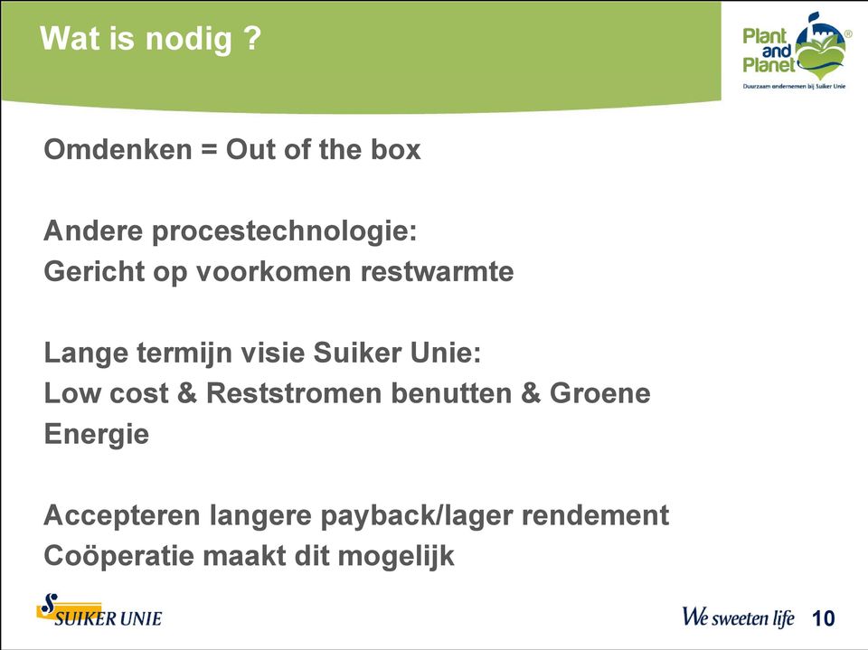 voorkomen restwarmte Lange termijn visie Suiker Unie: Low cost