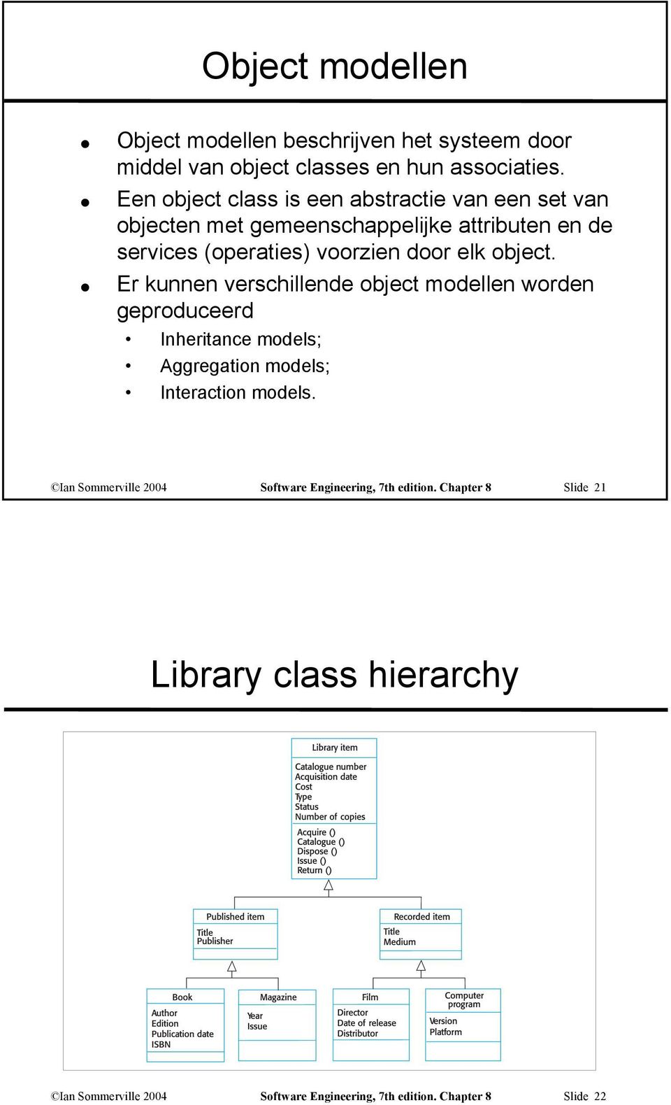 elk object. Er kunnen verschillende object modellen worden geproduceerd Inheritance models; Aggregation models; Interaction models.