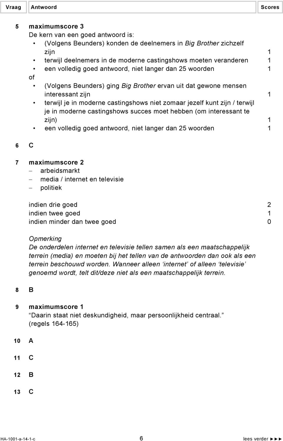 zomaar jezelf kunt zijn / terwijl je in moderne castingshows succes moet hebben (om interessant te zijn) 1 een volledig goed antwoord, niet langer dan 25 woorden 1 6 C 7 maximumscore 2 arbeidsmarkt