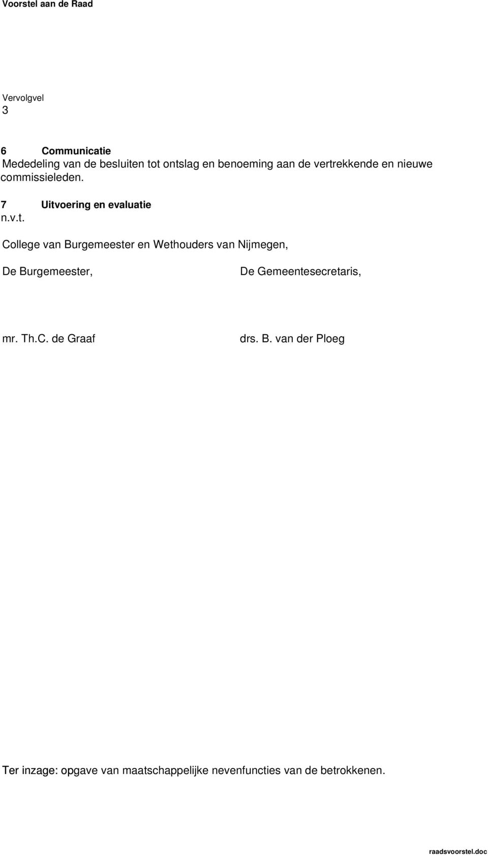 Burgemeester en Wethouders van Nijmegen, De Burgemeester, De Gemeentesecretaris, mr. Th.C.