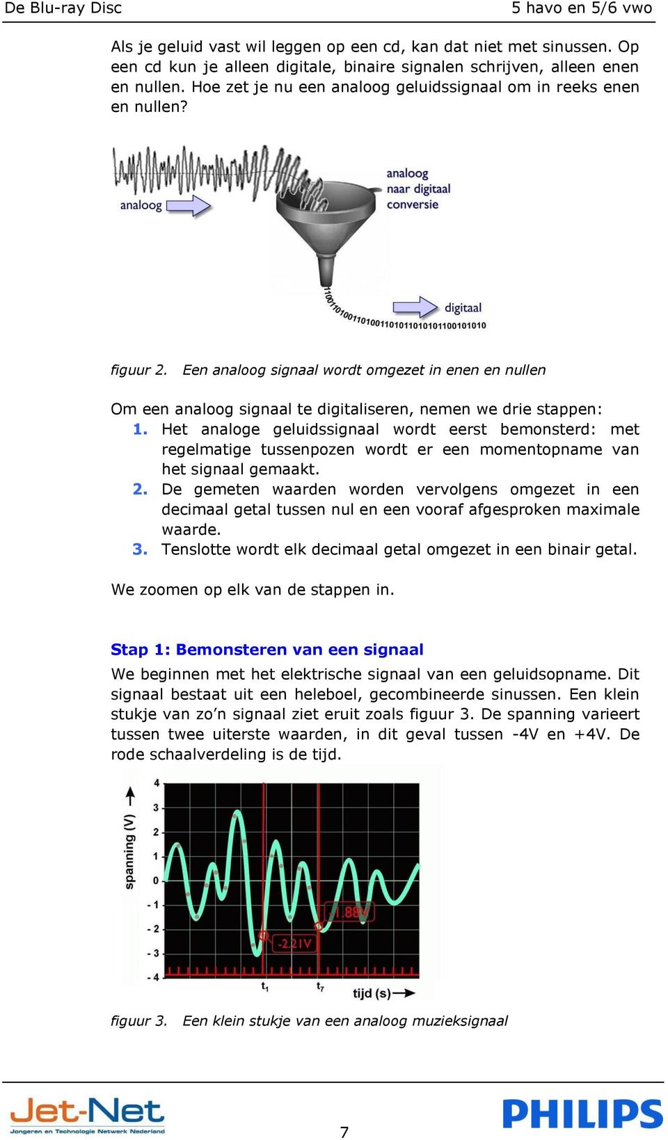 Het analoge geluidssignaal wordt eerst bemonsterd: met regelmatige tussenpozen wordt er een momentopname van het signaal gemaakt. 2.