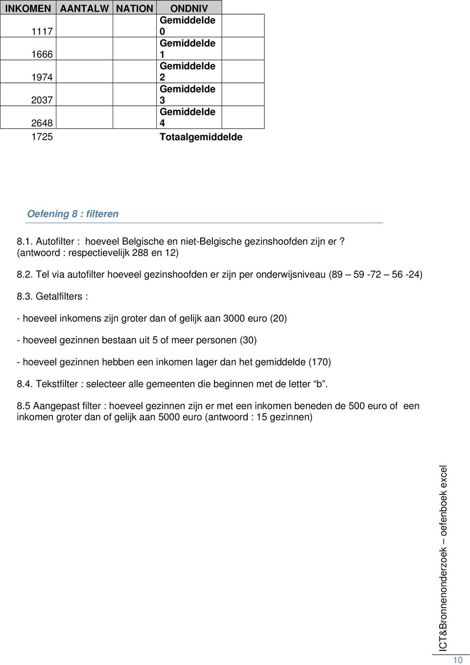 Getalfilters : - hoeveel inkomens zijn groter dan of gelijk aan 3000 euro (20) - hoeveel gezinnen bestaan uit 5 of meer personen (30) - hoeveel gezinnen hebben een inkomen lager dan het gemiddelde