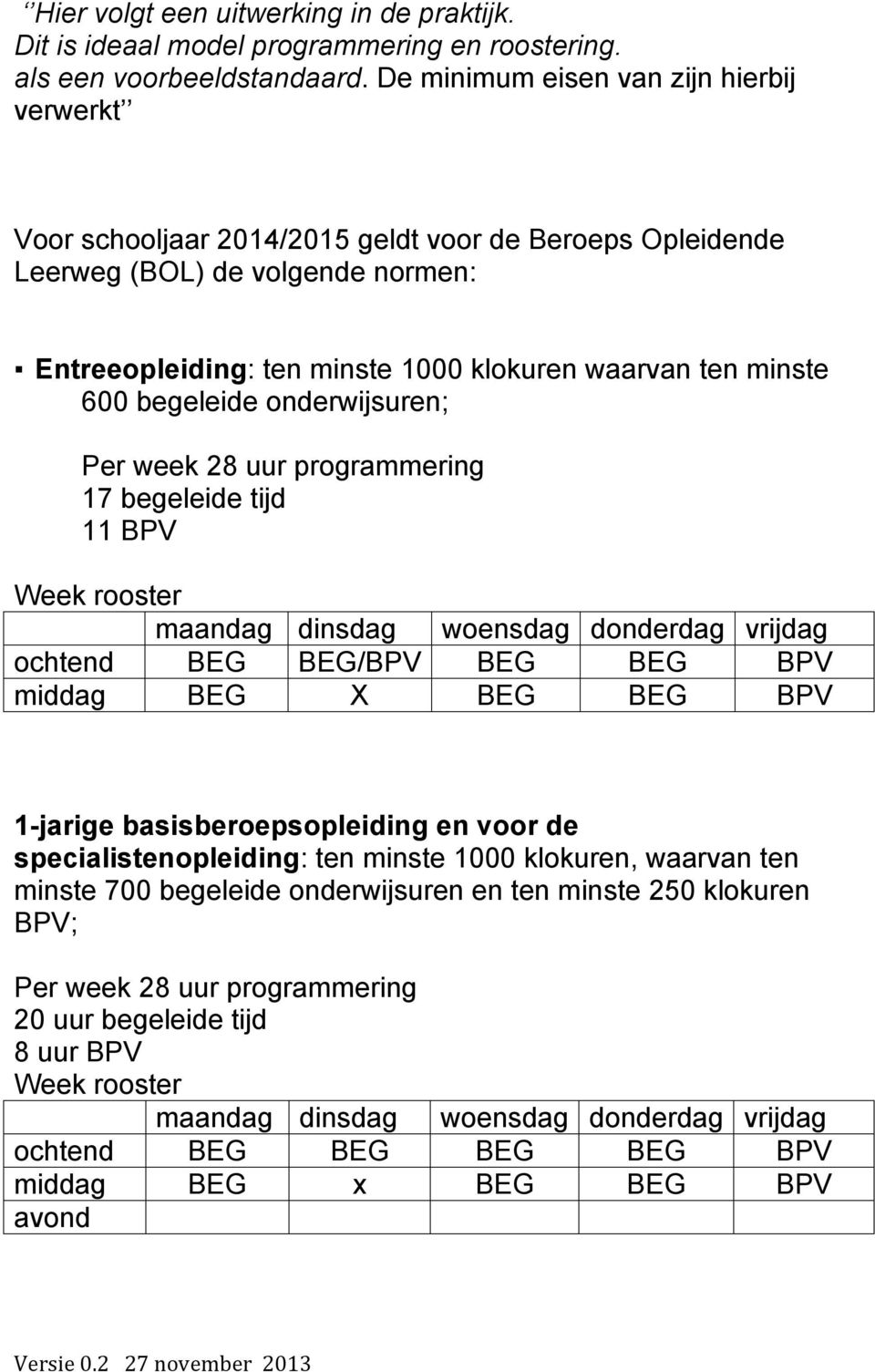 klokuren waarvan ten minste 600 begeleide onderwijsuren; 17 begeleide tijd 11 BPV ochtend BEG BEG/BPV BEG BEG BPV middag BEG X BEG BEG BPV 1-jarige basisberoepsopleiding