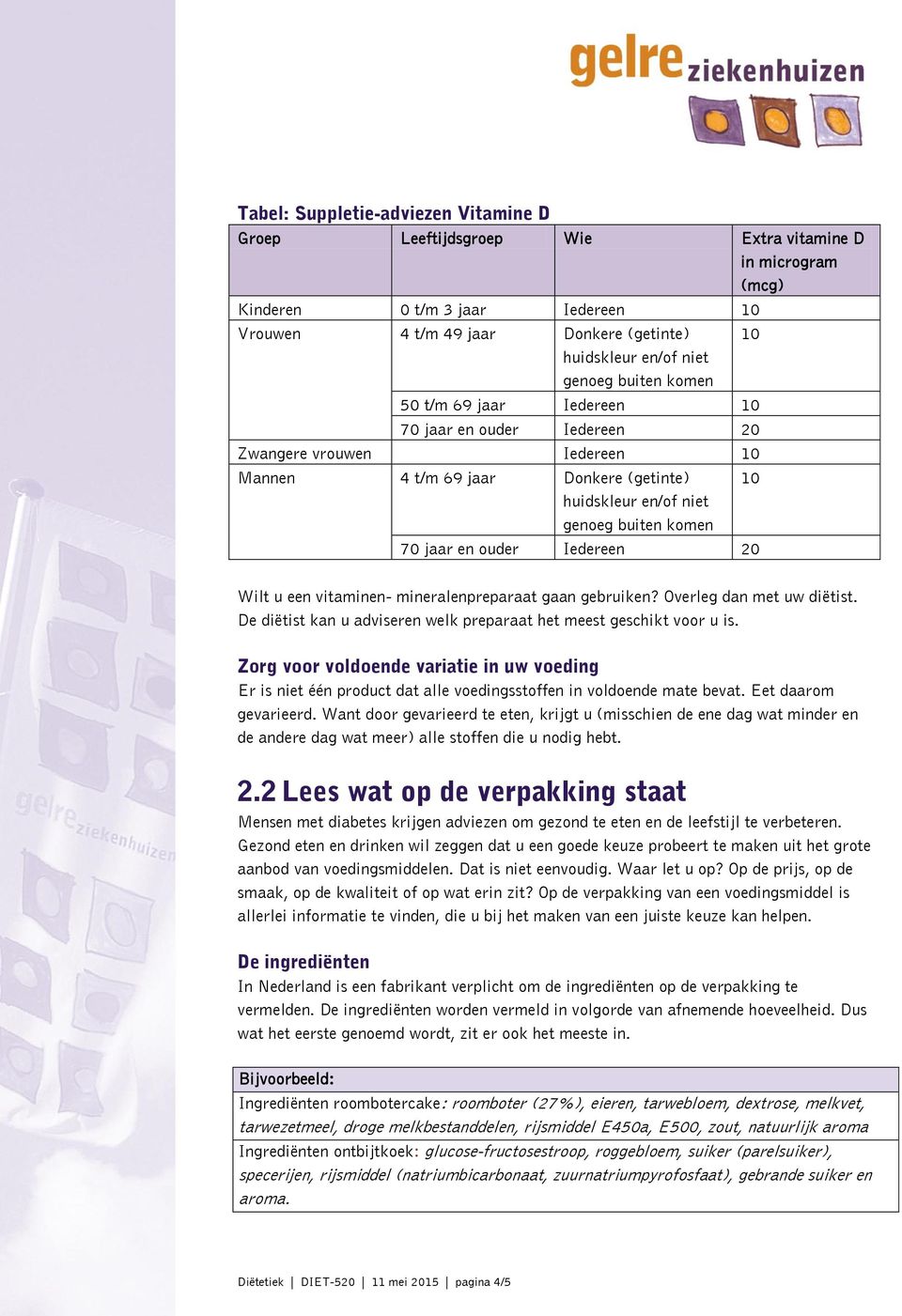 ouder Iedereen 20 Wilt u een vitaminen- mineralenpreparaat gaan gebruiken? Overleg dan met uw diëtist. De diëtist kan u adviseren welk preparaat het meest geschikt voor u is.