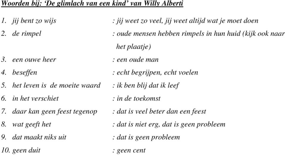 beseffen : echt begrijpen, echt voelen 5. het leven is de moeite waard : ik ben blij dat ik leef 6. in het verschiet : in de toekomst 7.