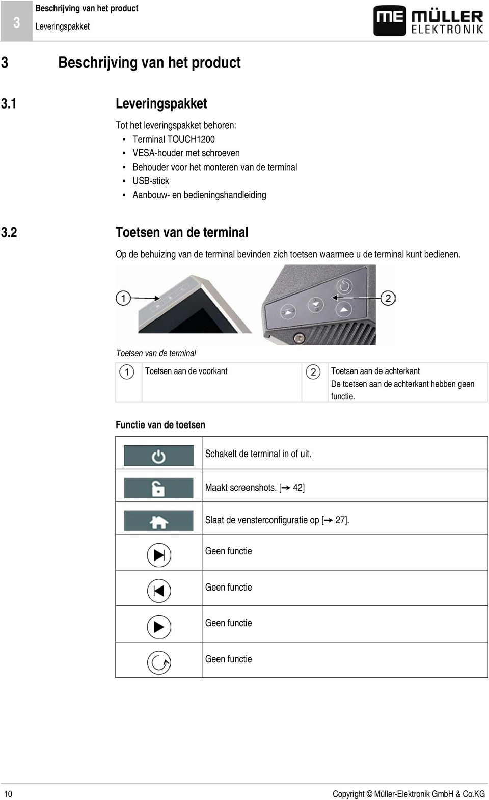 Aanbouw- en bedieningshandleiding Toetsen van de terminal Op de behuizing van de terminal bevinden zich toetsen waarmee u de terminal kunt bedienen.