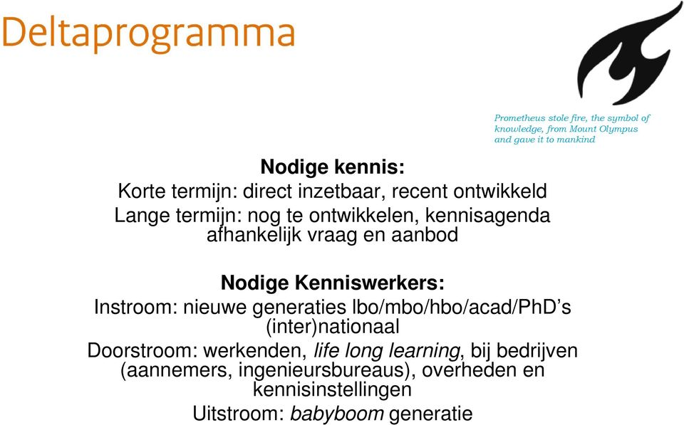 Nodige Kenniswerkers: Instroom: nieuwe generaties lbo/mbo/hbo/acad/phd s (inter)nationaal Doorstroom: werkenden, life