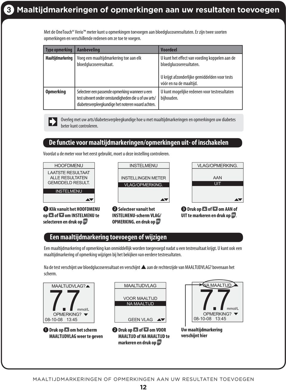 Type opmerking Aanbeveling Voordeel Maaltijdmarkering Voeg een maaltijdmarkering toe aan elk U kunt het effect van voeding koppelen aan de bloedglucoseresultaat. bloedglucoseresultaten.