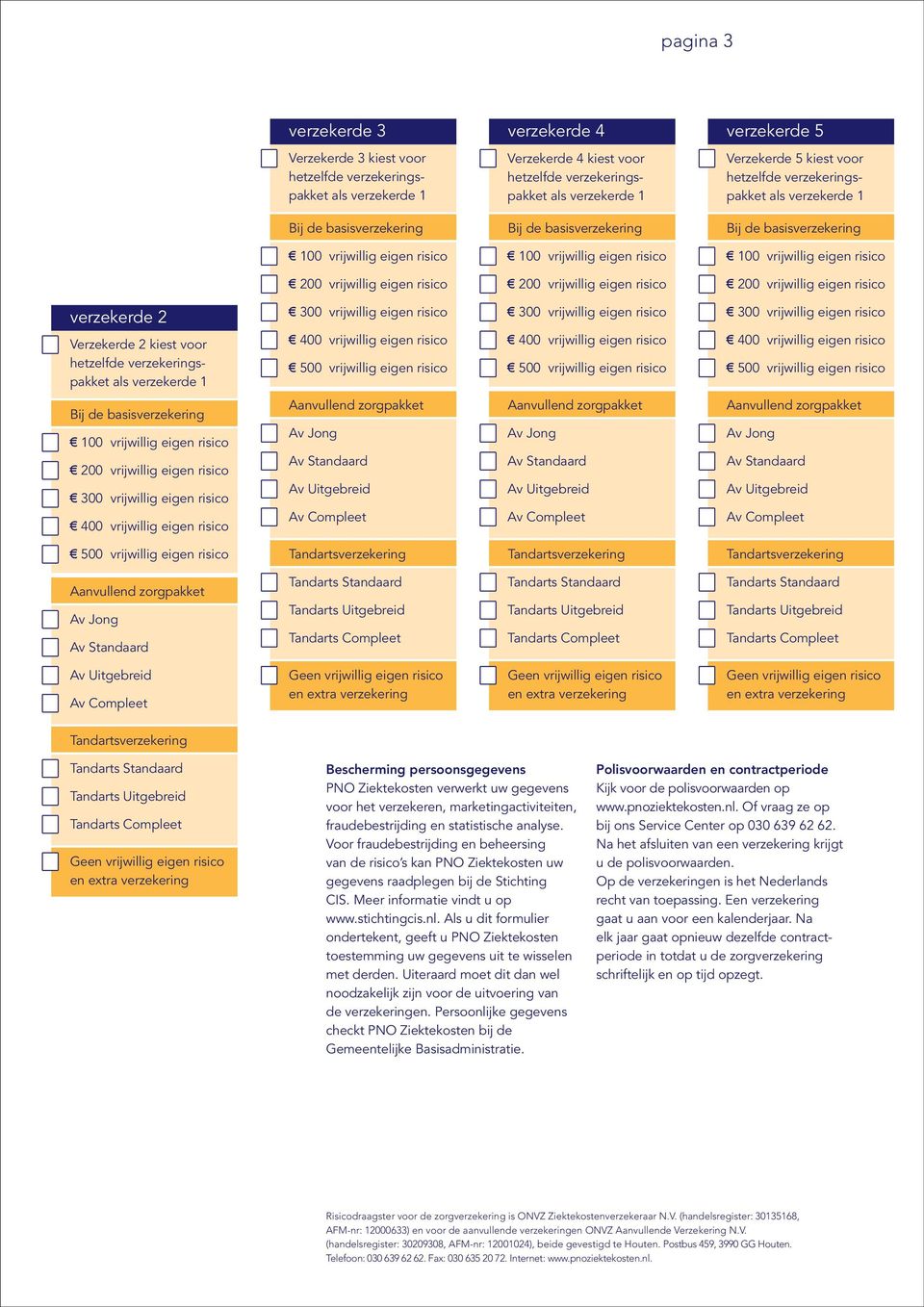 Voor fraudebestrijding en beheersing van de risico s kan PNO Ziektekosten uw gegevens raadplegen bij de Stichting CIS. Meer informatie vindt u op www.stichtingcis.nl.