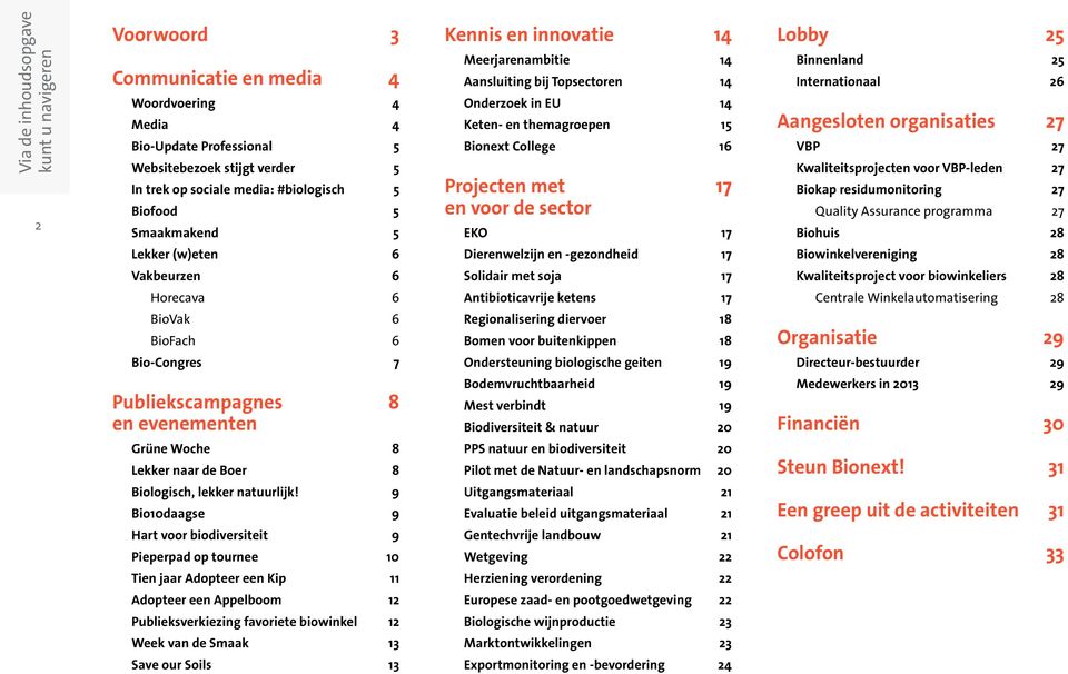 EKO 17 Lobby 25 Binnenland 25 Internationaal 26 Aangesloten organisaties 27 VBP 27 Kwaliteitsprojecten voor VBP-leden 27 Biokap residumonitoring 27 Quality Assurance programma 27 Biohuis 28 Lekker