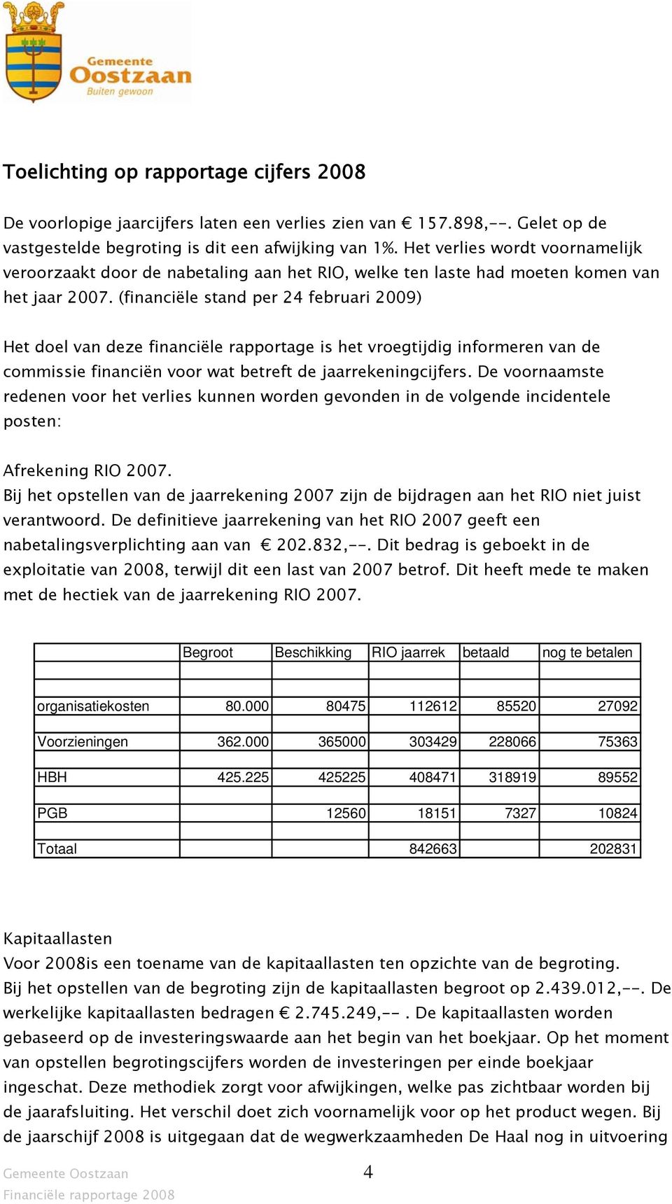 (financiële stand per 24 februari 2009) Het doel van deze financiële rapportage is het vroegtijdig informeren van de commissie financiën voor wat betreft de jaarrekeningcijfers.