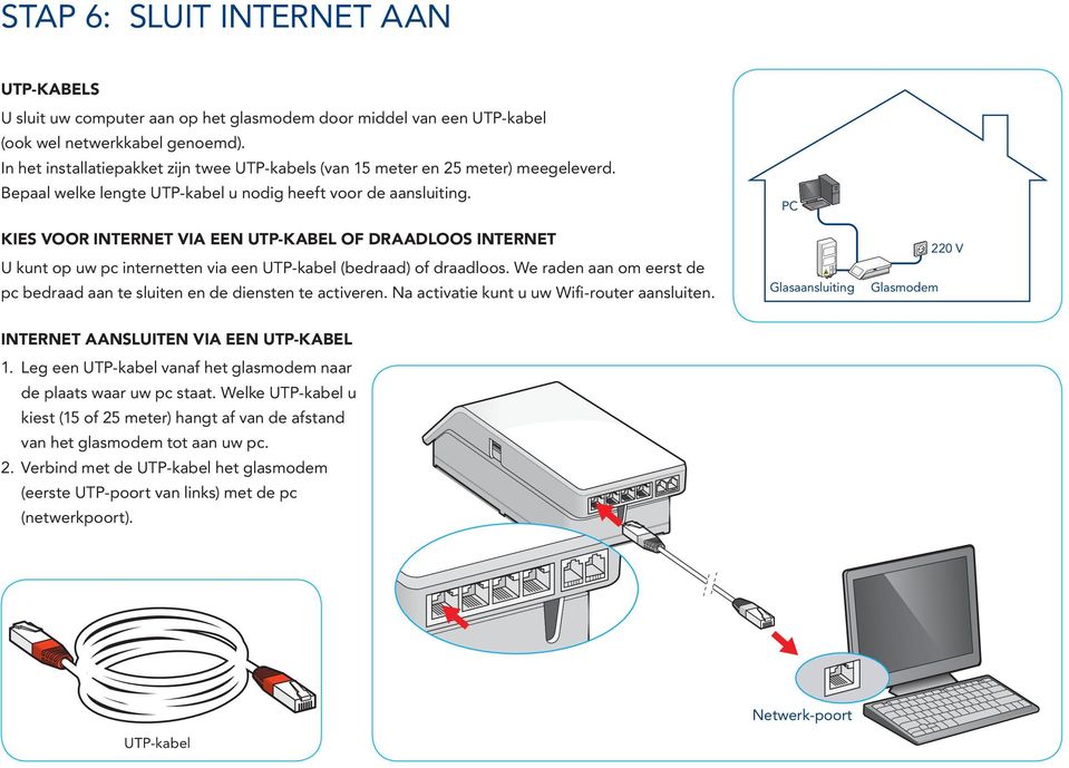 Kies voor internet via een UTP-kabel of draadloos internet U kunt op uw pc internetten via een UTP-kabel (bedraad) of draadloos.