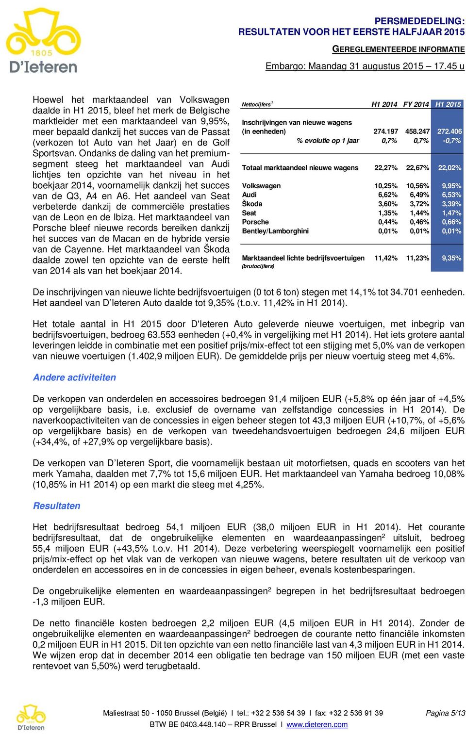 Ondanks de daling van het premiumsegment steeg het marktaandeel van Audi lichtjes ten opzichte van het niveau in het boekjaar 2014, voornamelijk dankzij het succes van de Q3, A4 en A6.