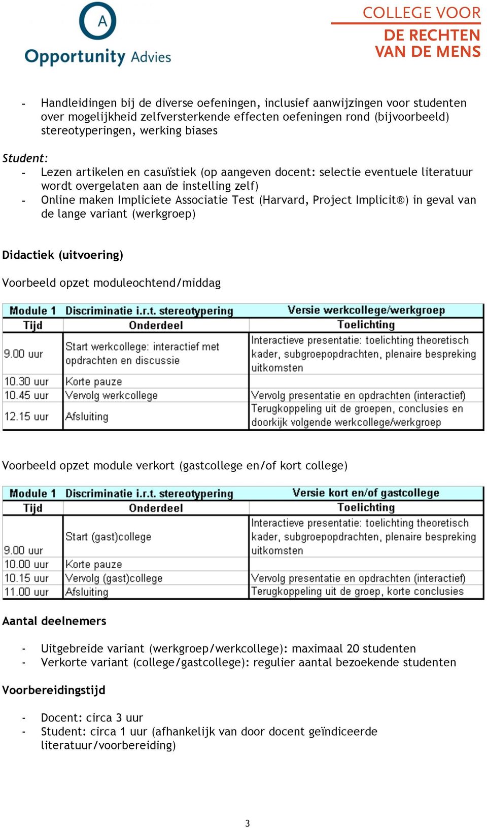 geval van de lange variant (werkgroep) Didactiek (uitvoering) Voorbeeld opzet moduleochtend/middag Voorbeeld opzet module verkort (gastcollege en/of kort college) Aantal deelnemers - Uitgebreide