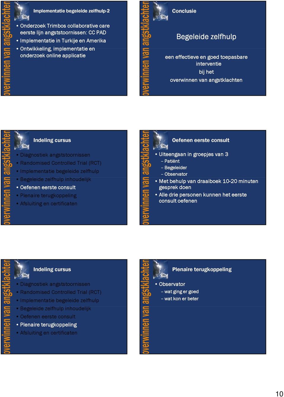 zelfhulp Begeleide zelfhulp l inhoudelijk Oefenen eerste consult Uiteengaan in groepjes van 3 Patiënt Begeleider Observator Met behulp van draaiboek 10-20 minuten gesprek doen