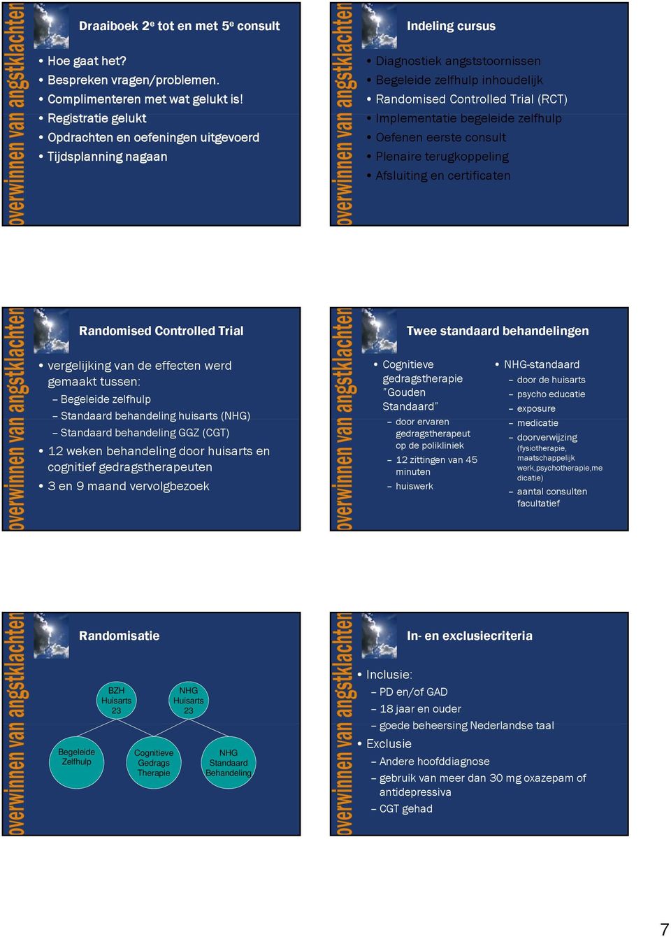 behandelingen vergelijking van de effecten werd gemaakt tussen: Begeleide zelfhulp Standaard behandeling huisarts (NHG) Standaard behandeling GGZ (CGT) 12 weken behandeling door huisarts en cognitief