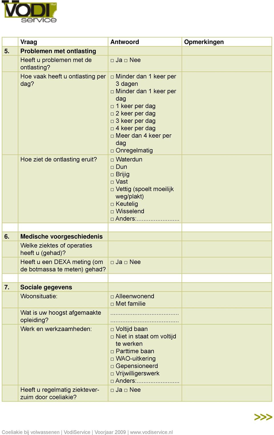 moeilijk weg/plakt) Keutelig Wisselend 6. Medische voorgeschiedenis Welke ziektes of operaties heeft u (gehad)? Heeft u een DEXA meting (om de botmassa te meten) gehad? 7.