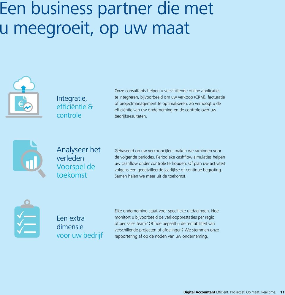 Analyseer het verleden Voorspel de toekomst Gebaseerd op uw verkoopcijfers maken we ramingen voor de volgende periodes. Periodieke cashflow-simulaties helpen uw cashflow onder controle te houden.