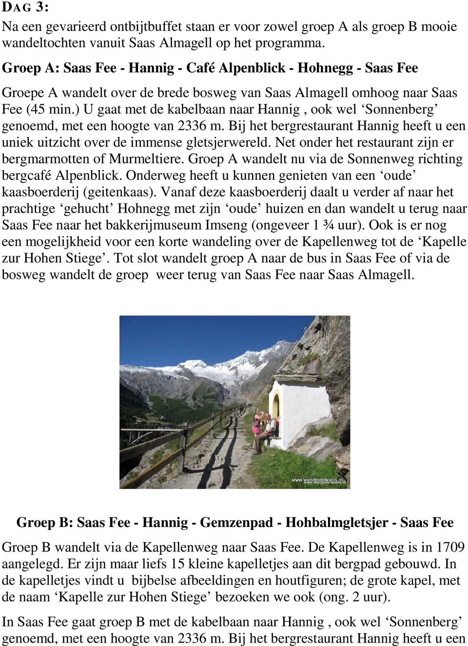 ) U gaat met de kabelbaan naar Hannig, ook wel Sonnenberg genoemd, met een hoogte van 2336 m. Bij het bergrestaurant Hannig heeft u een uniek uitzicht over de immense gletsjerwereld.